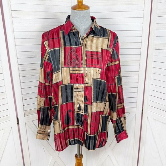 Alfred Dunner Geometric Patchwork Paisley Satin Shimmer Blouse Black Red Gold 8 - Picture 1 of 12